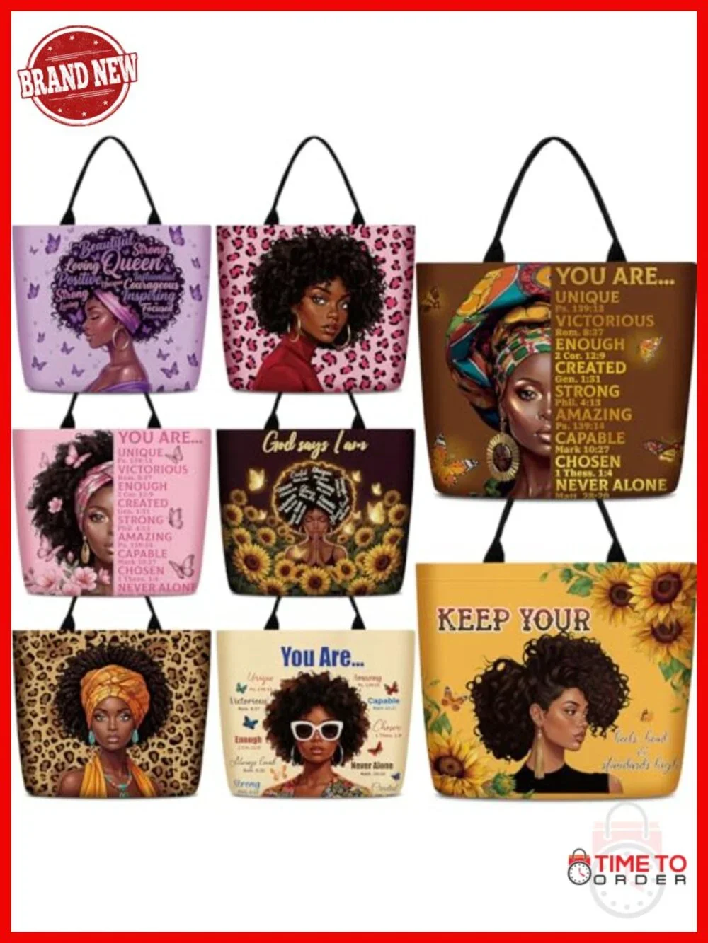 Set of 8 African American Canvas Tote Bags for Women Large Shoulder Handbags
